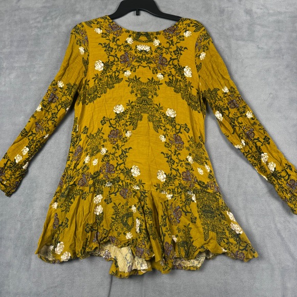 Free People Dresses & Skirts - Free People Mustard Yellow Floral V-Back Long Sleeve Ruffle Mini Dress Small